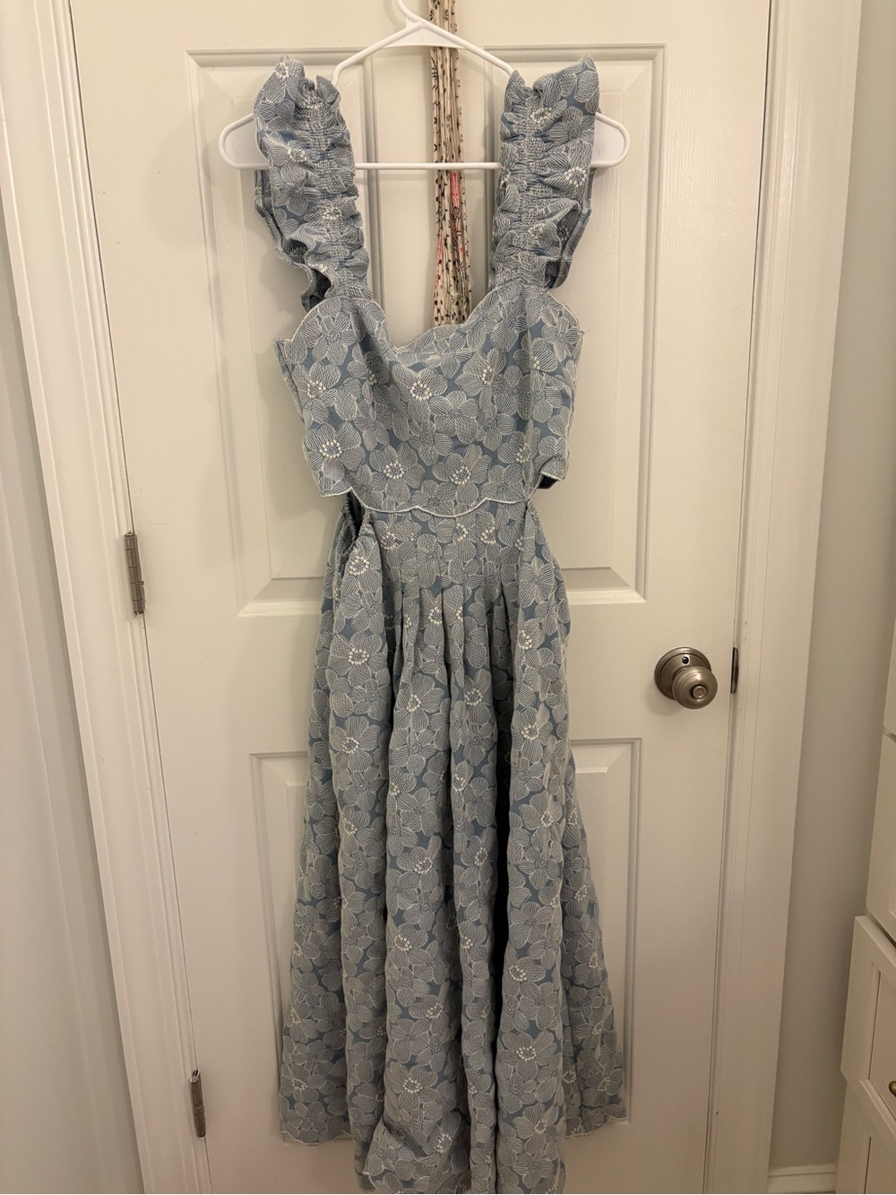 Vestique Light Blue Floral Lace Ruffle Strap Dress